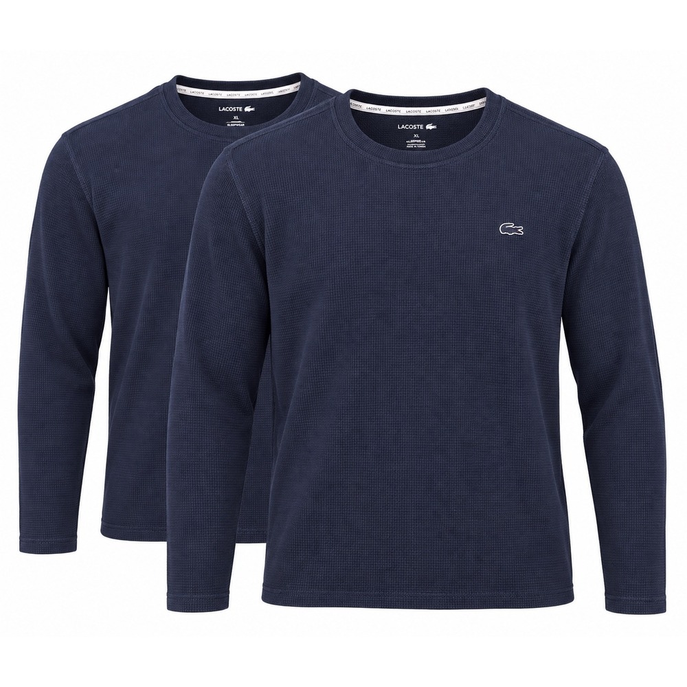Lacoste Men's XL Navy Long Sleeve Waffle Knit Sleepwear Shirt Crocodile Logo